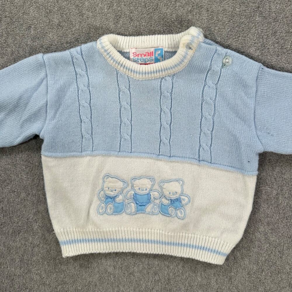 Small Steps Teddy Bear Sweater Baby Boy 3/6 Month Vintage Blue/White Knit Button